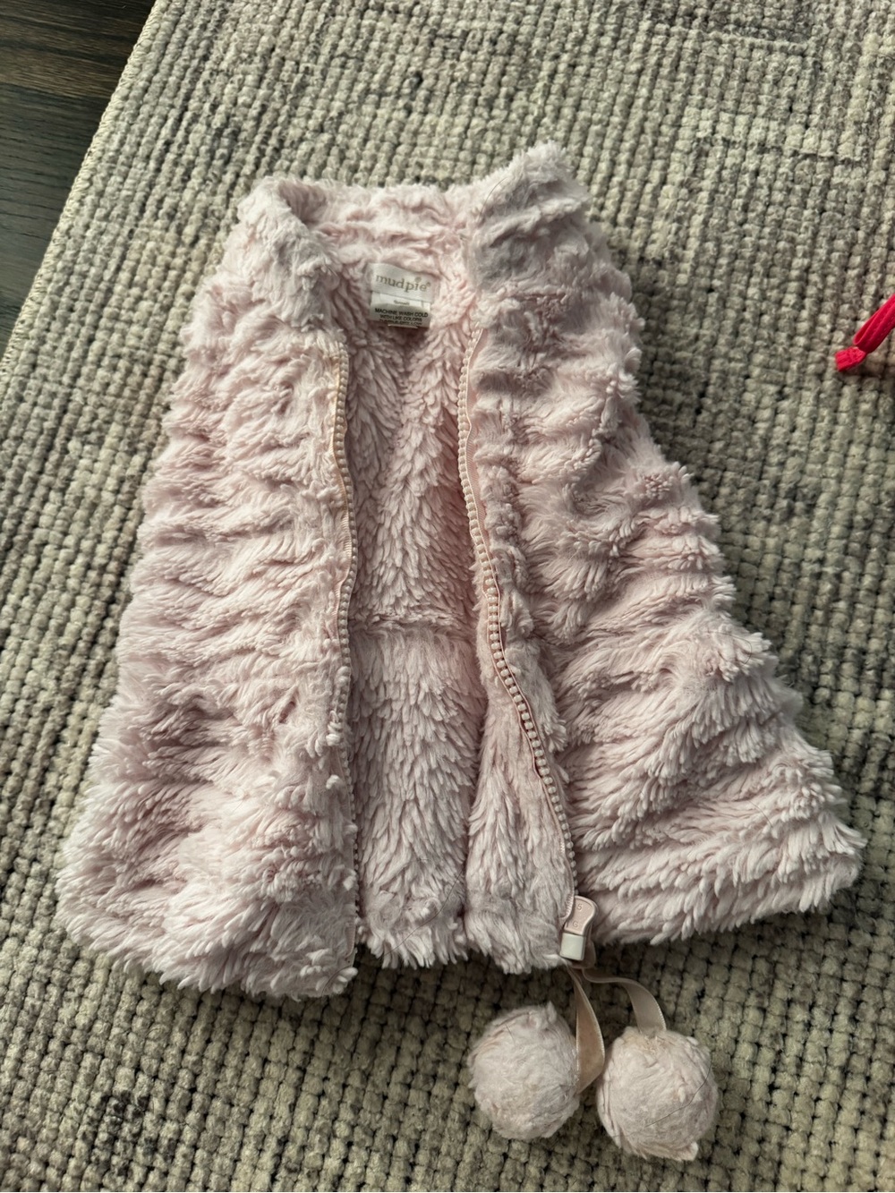 Mud Pie Pale Pink Faux Fur Girls Vest with Pom Pom Ties